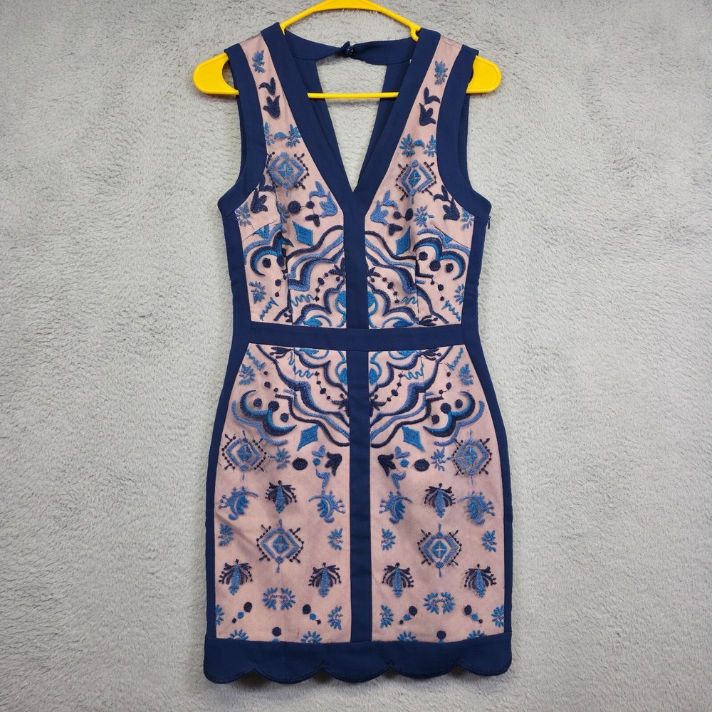 Greylin Dress Womens XS Blue Pink Mesh Floral Embroidered Bodycon Capsule Sheath